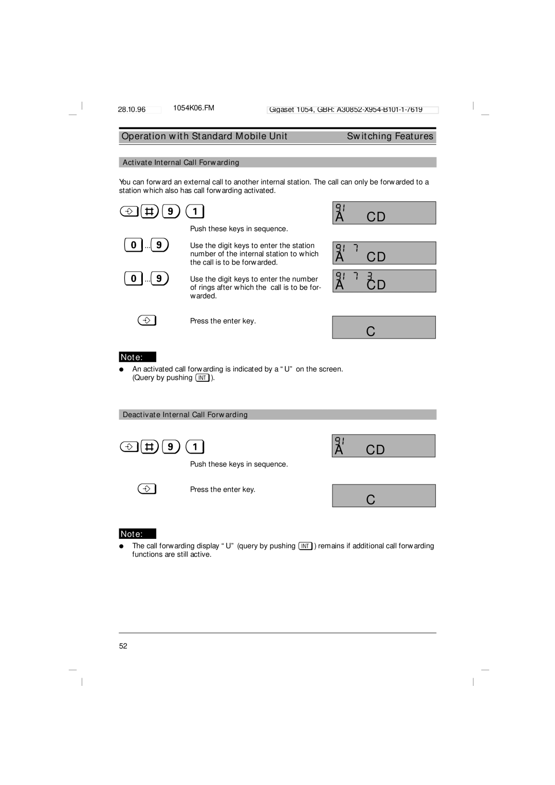 Siemens 1054 operating instructions 91 7, Activate Internal Call Forwarding, Deactivate Internal Call Forwarding 