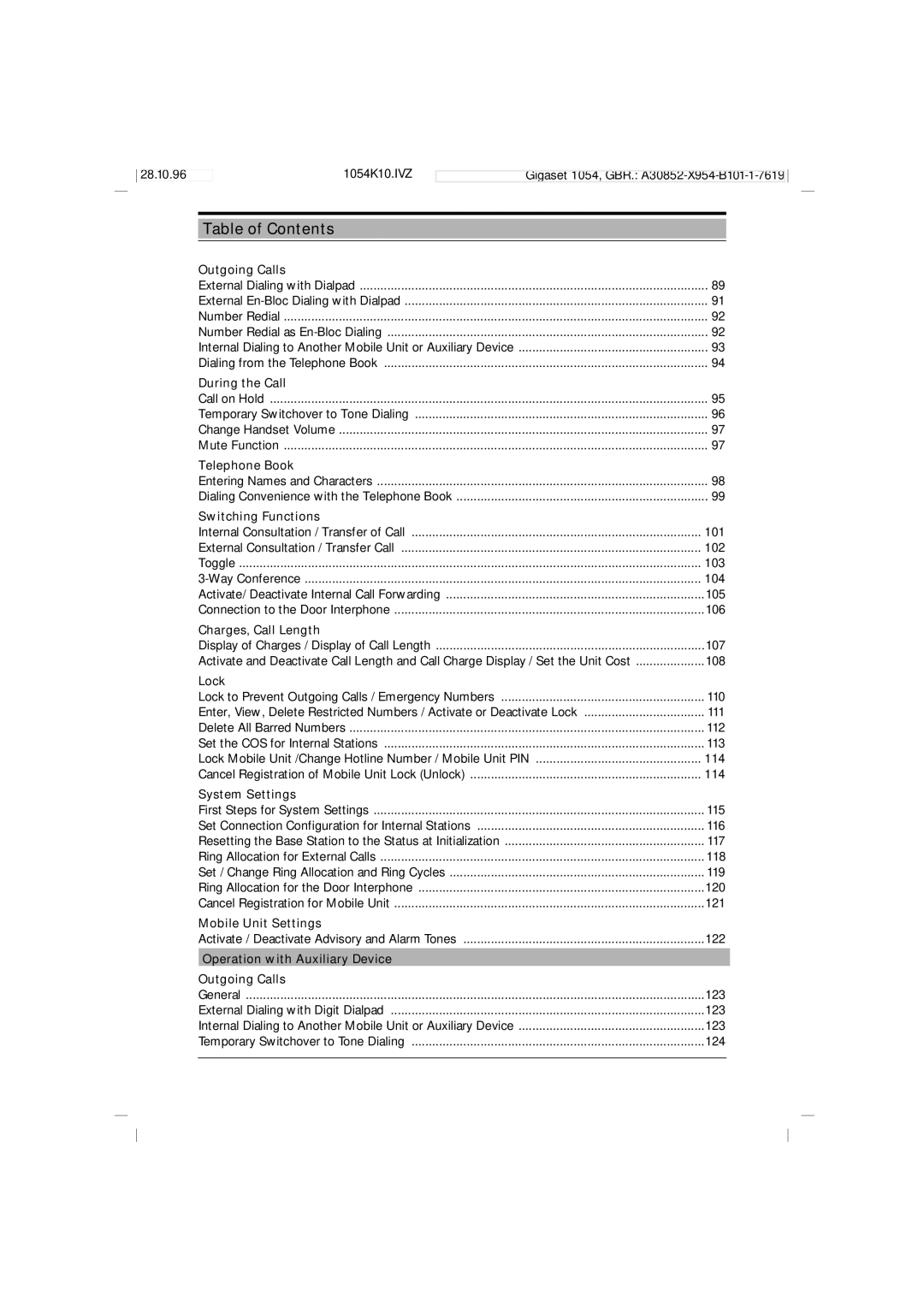 Siemens 1054 Telephone Book, Switching Functions, Charges, Call Length, Operation with Auxiliary Device Outgoing Calls 