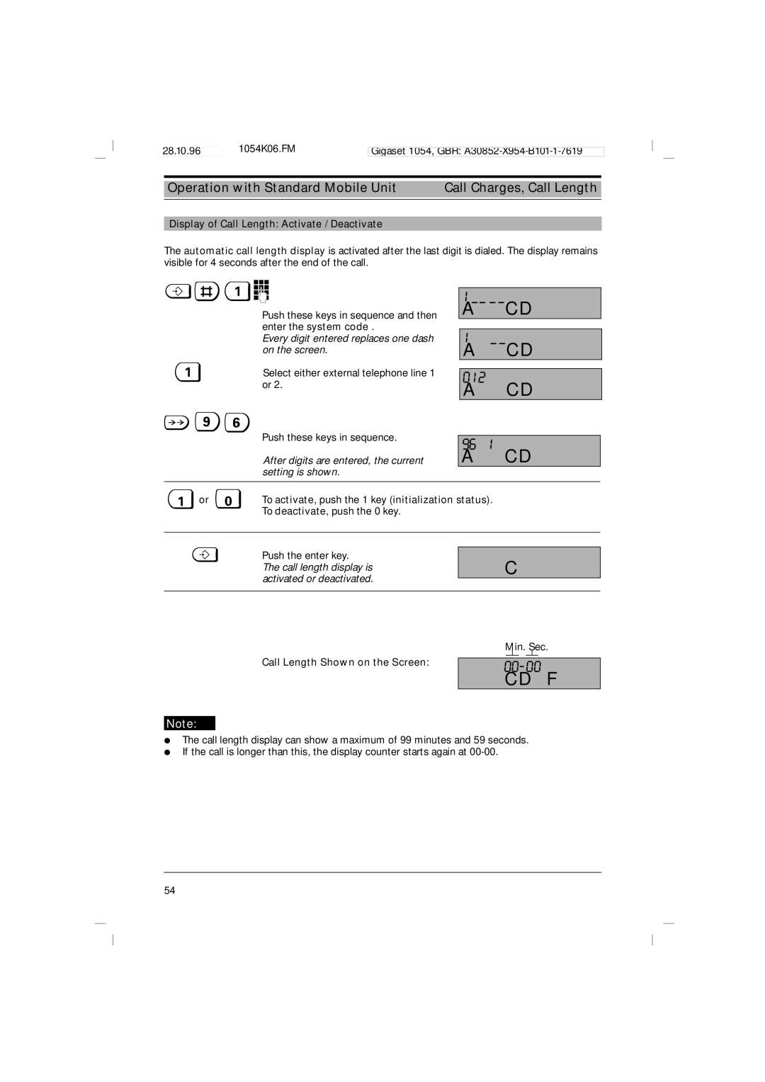 Siemens 1054 00-00, Display of Call Length Activate / Deactivate, #!o, Call Length Shown on the Screen 