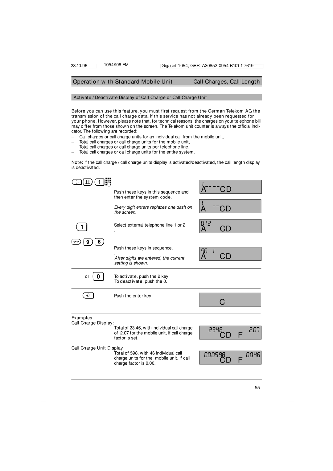 Siemens 1054 2346.207, 000598, Every digit enters replaces one dash on the screen, Examples Call Charge Display 