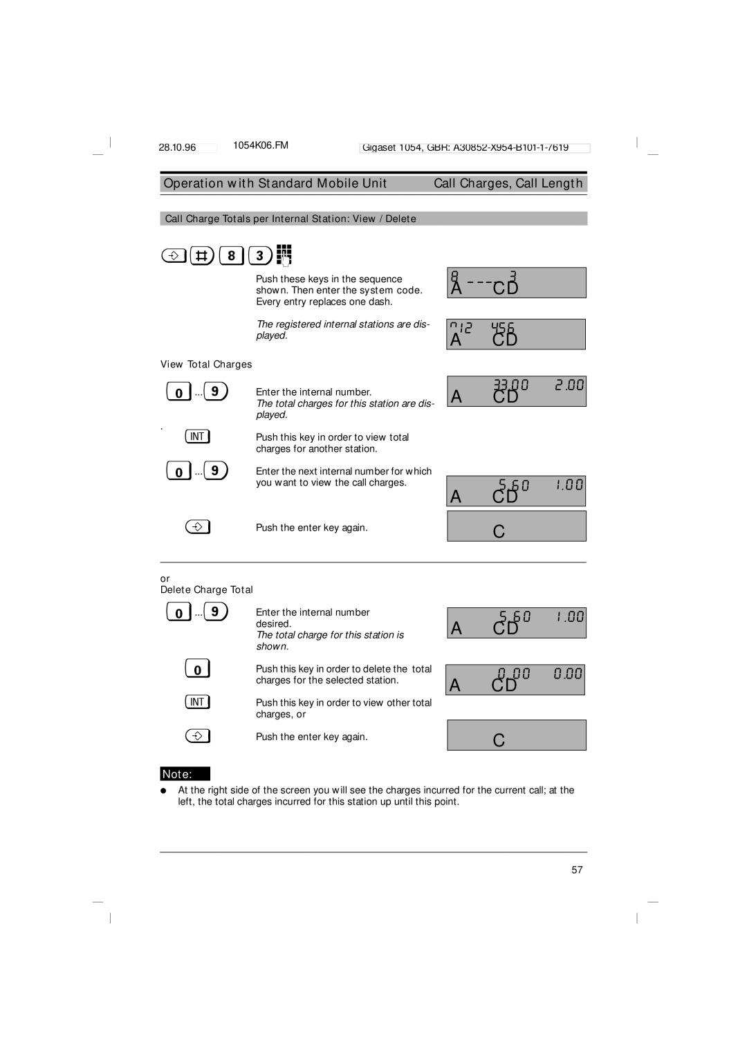 Siemens 1054 N12 33.00, Call Charge Totals per Internal Station View / Delete #§o, View Total Charges, Delete Charge Total 