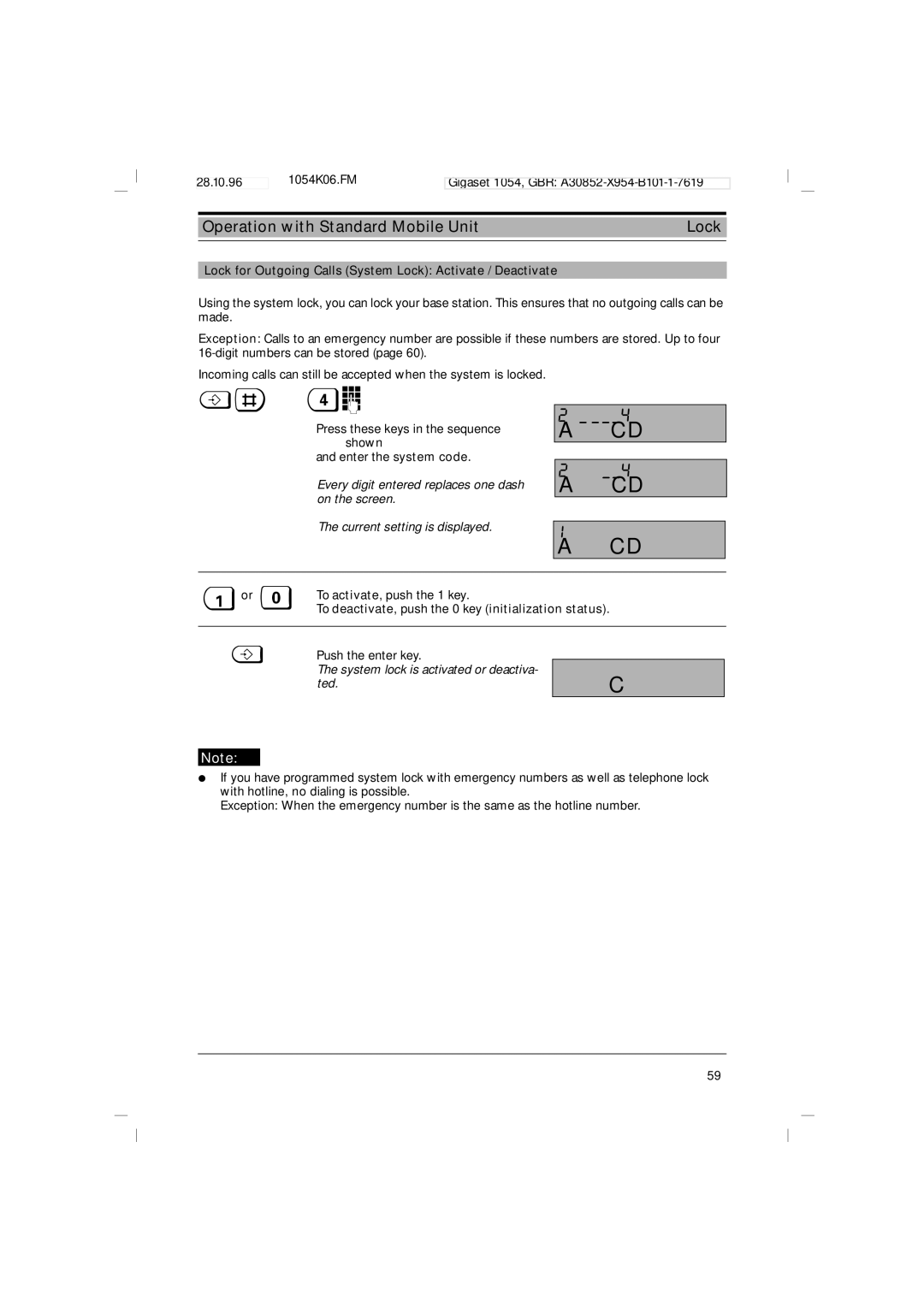 Siemens 1054 Operation with Standard Mobile Unit Lock, Lock for Outgoing Calls System Lock Activate / Deactivate, #$o 