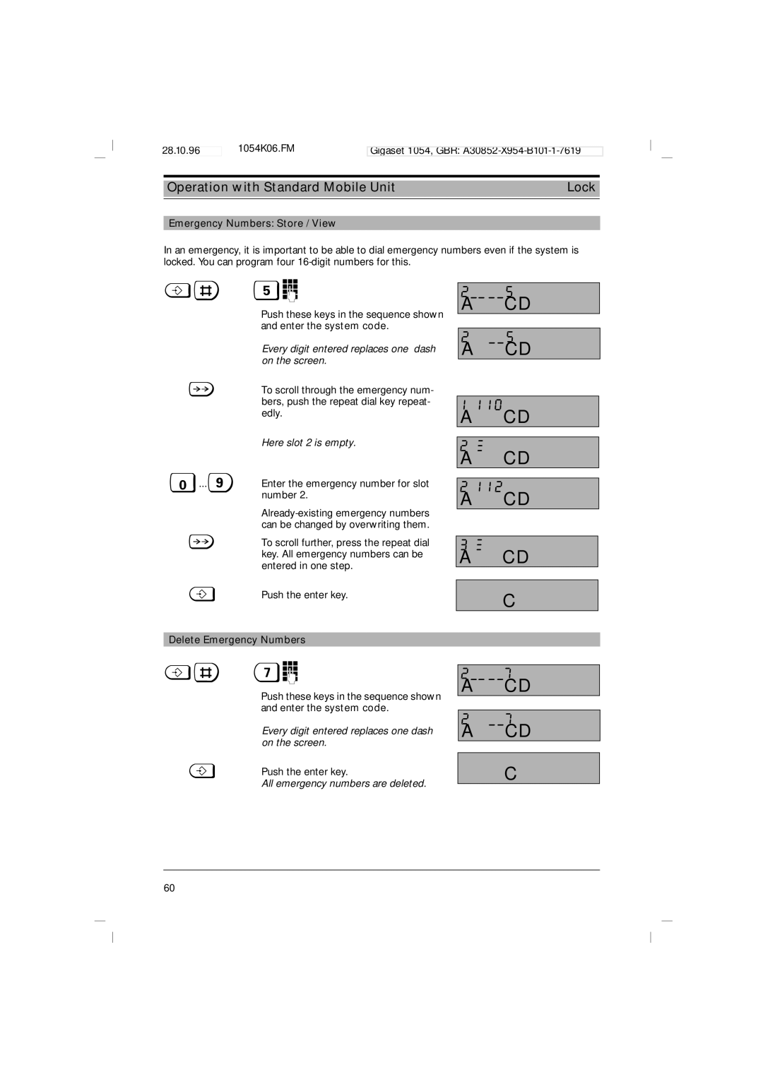 Siemens 1054 operating instructions 110, 112, Emergency Numbers Store / View, #%o, Delete Emergency Numbers #/o 