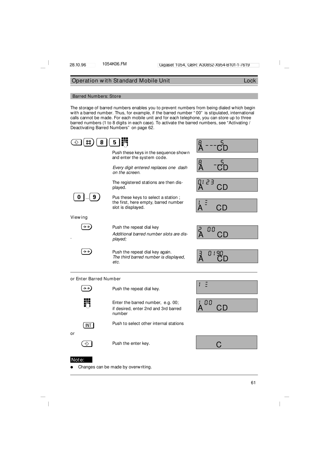 Siemens 1054 operating instructions 0190, Barred Numbers Store, Viewing, Or Enter Barred Number 