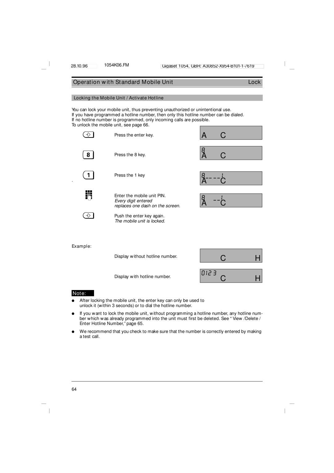 Siemens 1054 Locking the Mobile Unit / Activate Hotline, Every digit entered, Replaces one dash on the screen, Example 