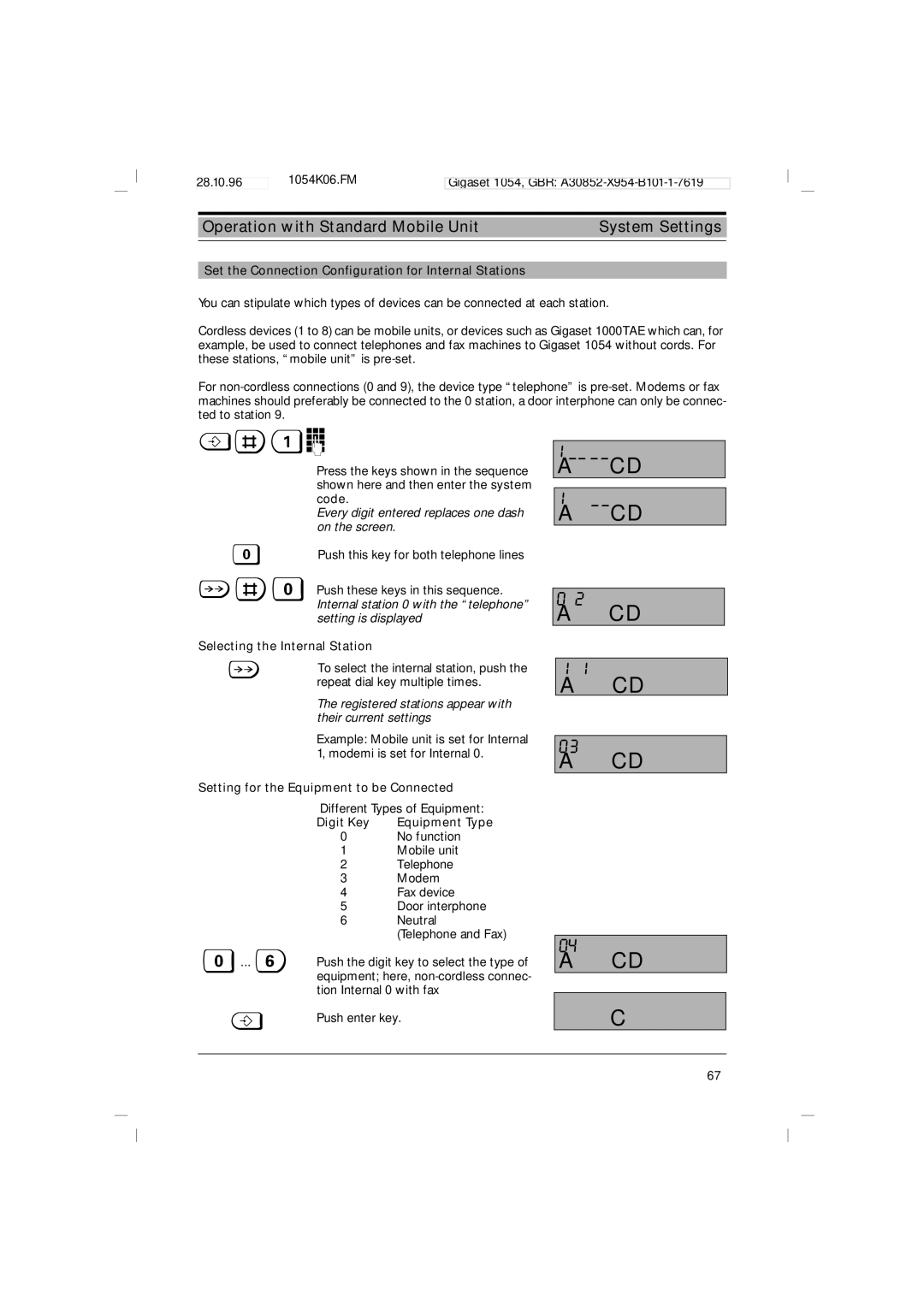 Siemens 1054 operating instructions Operation with Standard Mobile Unit System Settings 