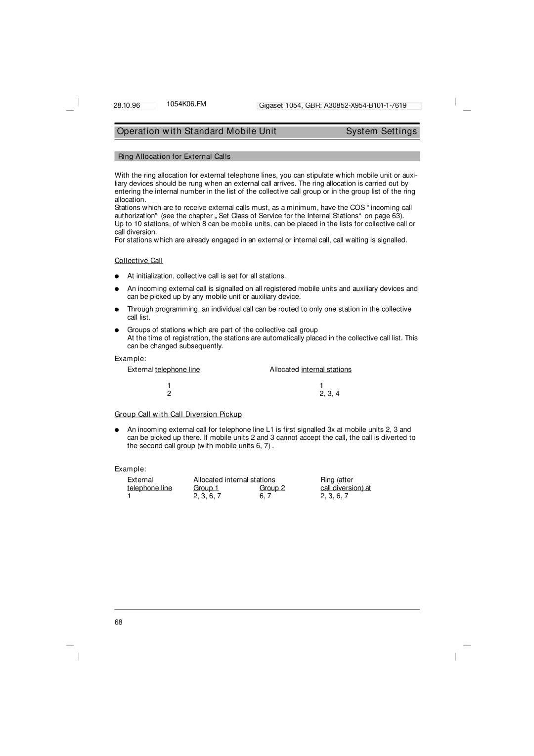 Siemens 1054 Ring Allocation for External Calls, Collective Call, Group Call with Call Diversion Pickup 