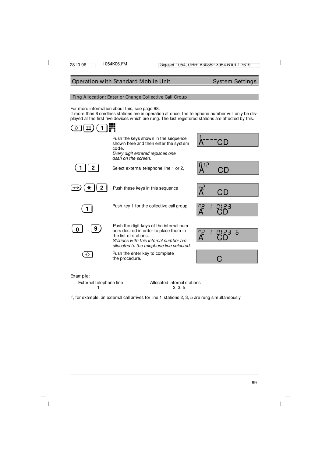 Siemens 1054 operating instructions 012 N2 1 N2 1 0123, Ring Allocation Enter or Change Collective Call Group 