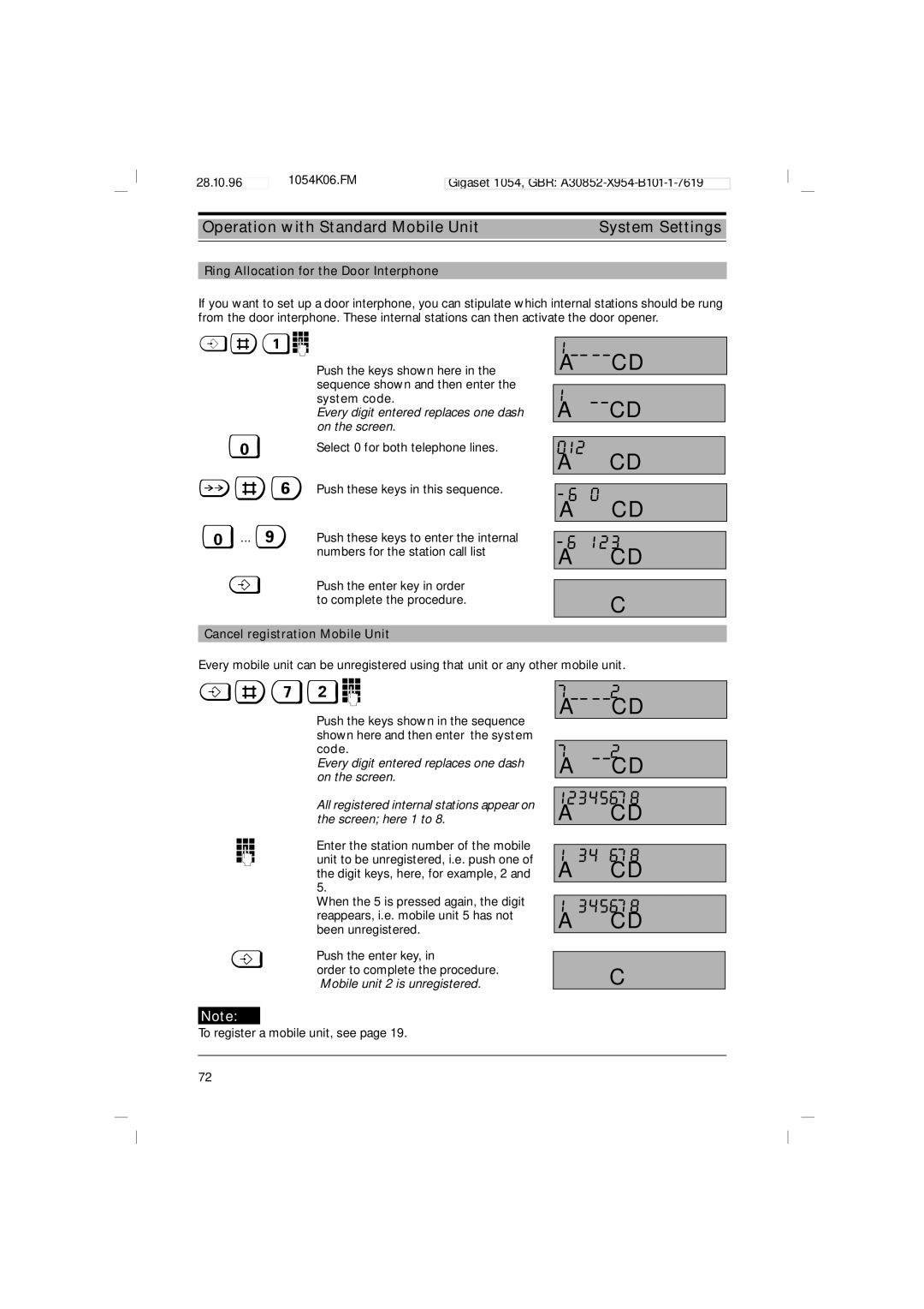 Siemens 1054 operating instructions 012 123, Ring Allocation for the Door Interphone, Cancel registration Mobile Unit 