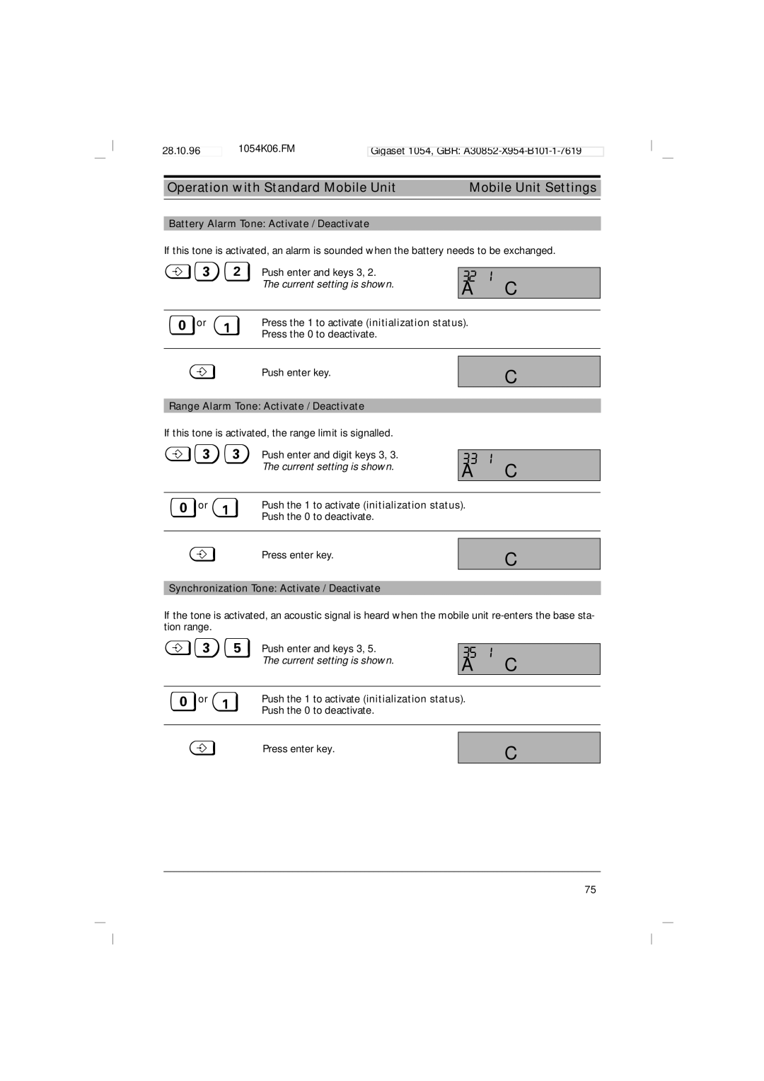 Siemens 1054 operating instructions Battery Alarm Tone Activate / Deactivate, Press the 1 to activate initialization status 