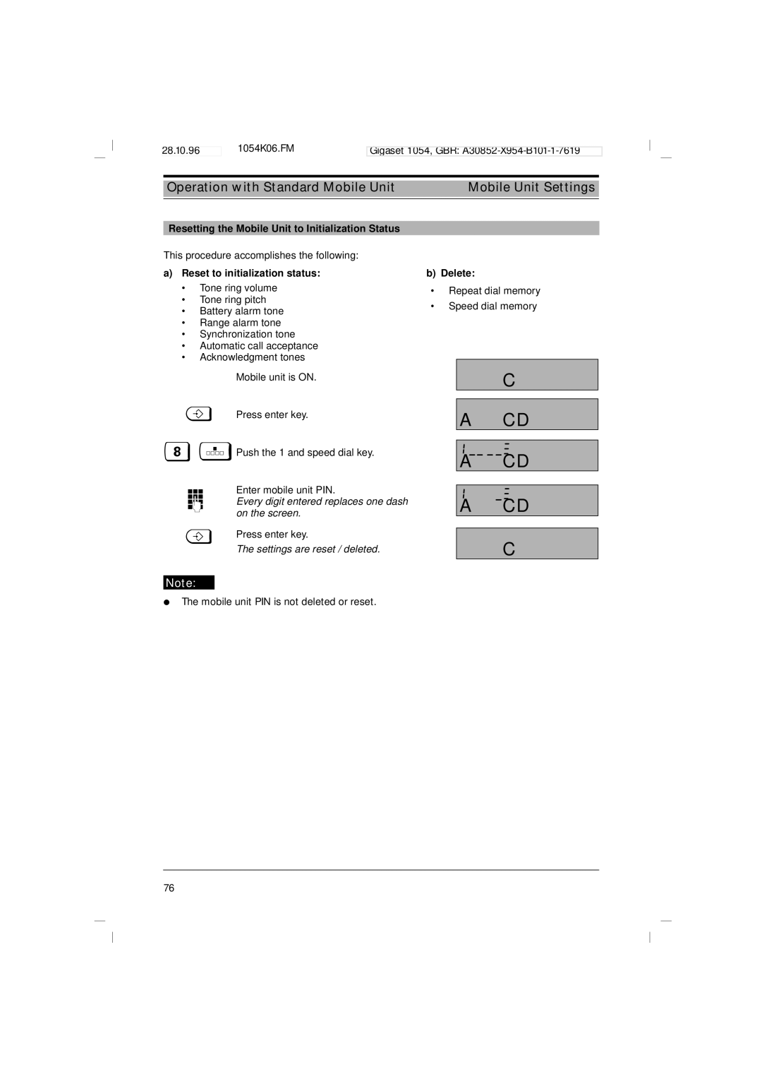 Siemens 1054 operating instructions Resetting the Mobile Unit to Initialization Status 