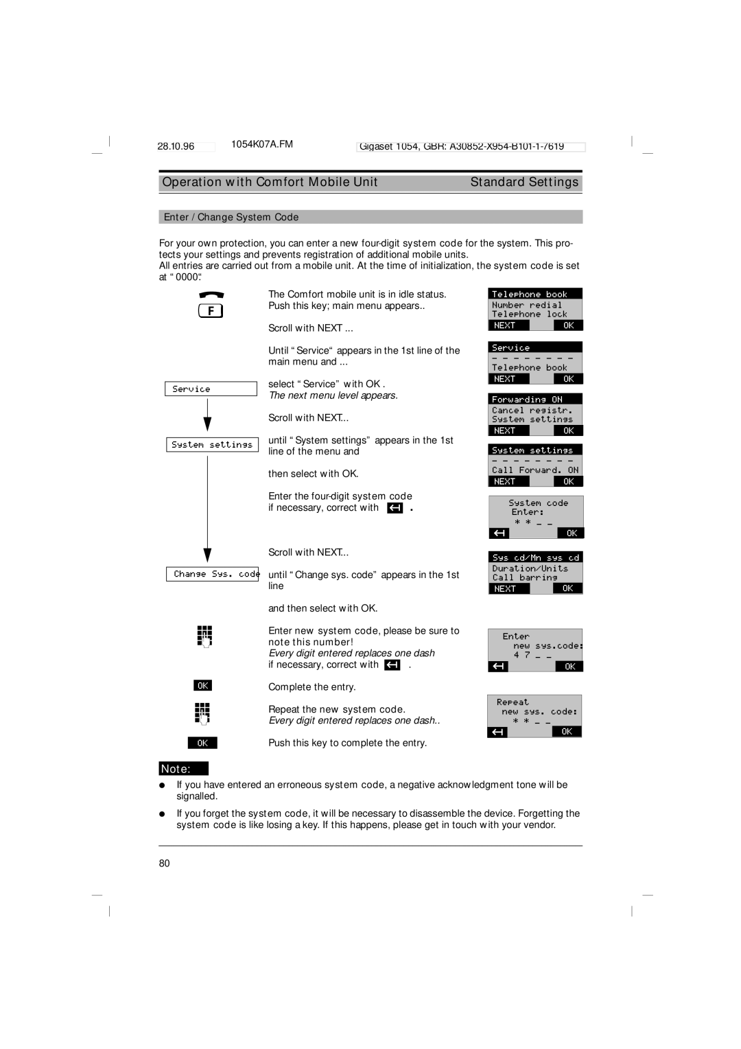 Siemens 1054 Operation with Comfort Mobile Unit Standard Settings, Enter / Change System Code, Repeat the new system code 