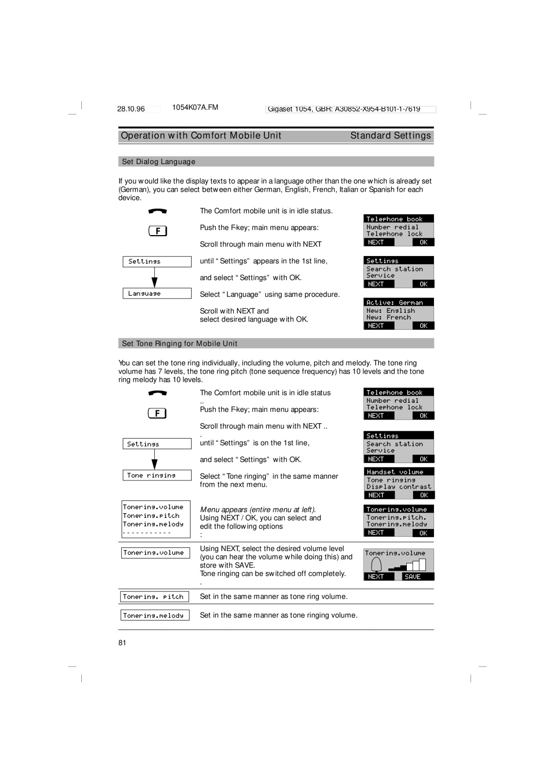 Siemens 1054 operating instructions Set Dialog Language, Set Tone Ringing for Mobile Unit 