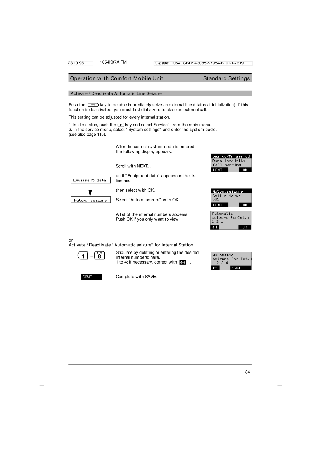 Siemens 1054 operating instructions Activate / Deactivate Automatic seizure for Internal Station 