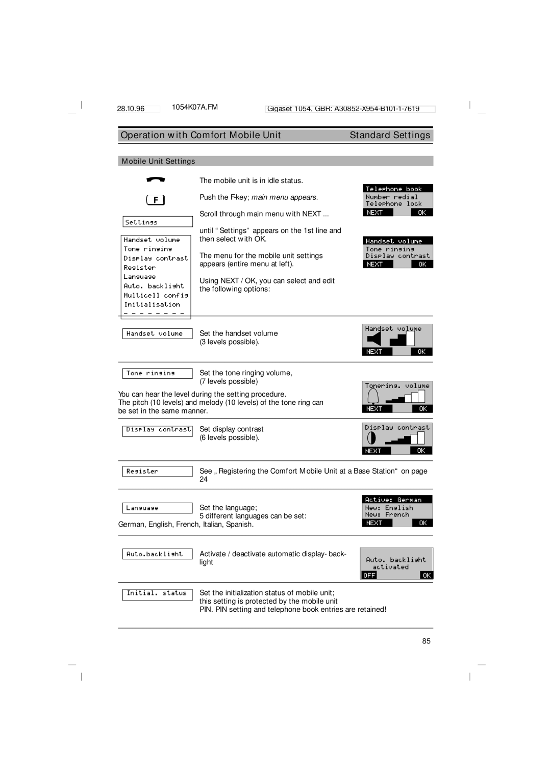 Siemens 1054 operating instructions Mobile Unit Settings, Push the F-keymain menu appears 