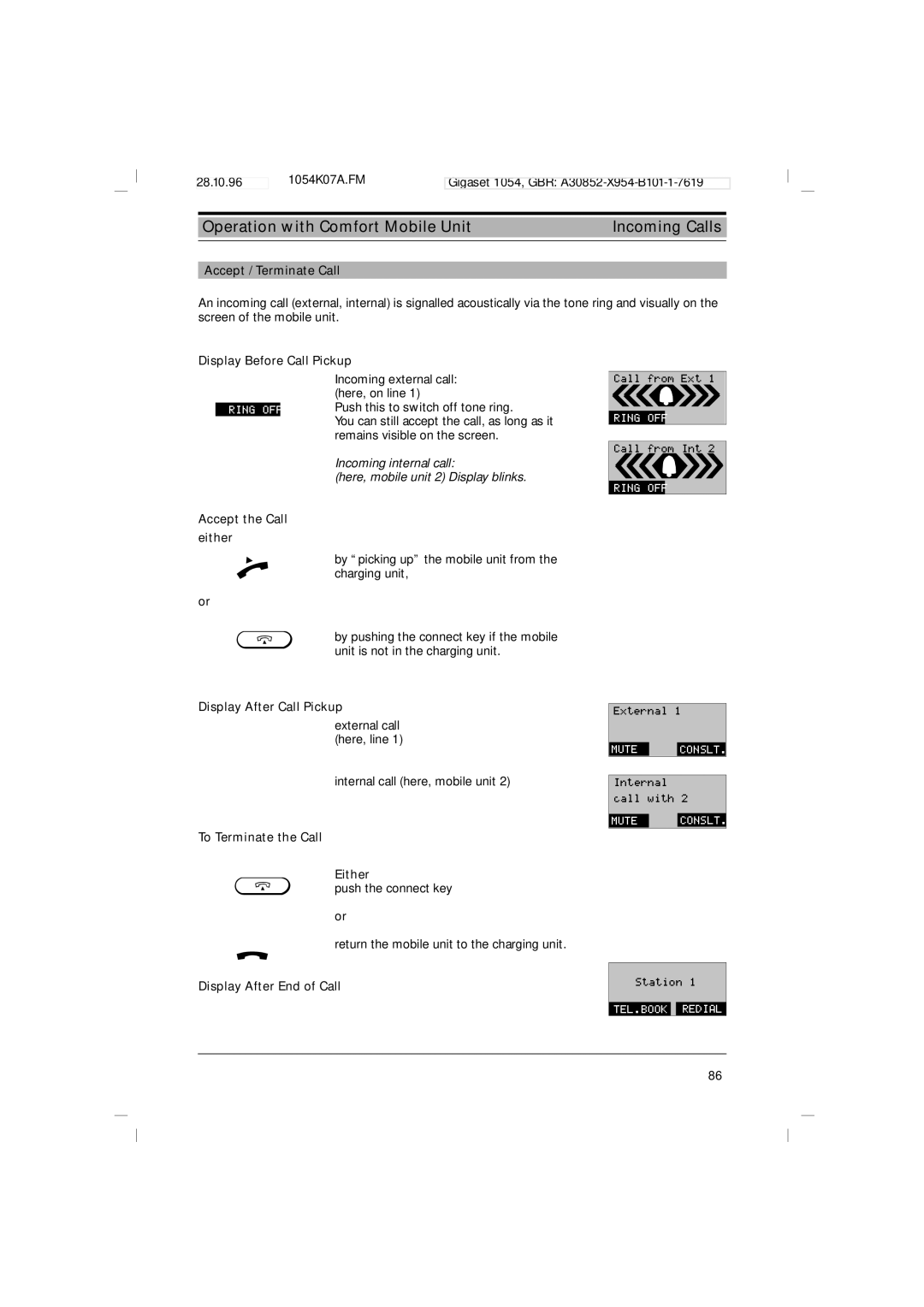 Siemens 1054 operating instructions Operation with Comfort Mobile Unit Incoming Calls 