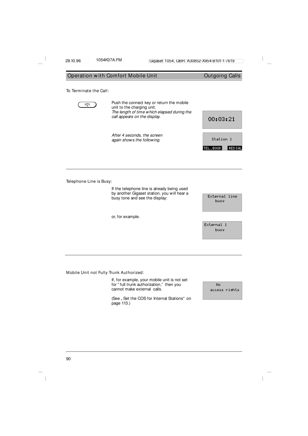 Siemens 1054 operating instructions Telephone Line is Busy, Mobile Unit not Fully Trunk Authorized 