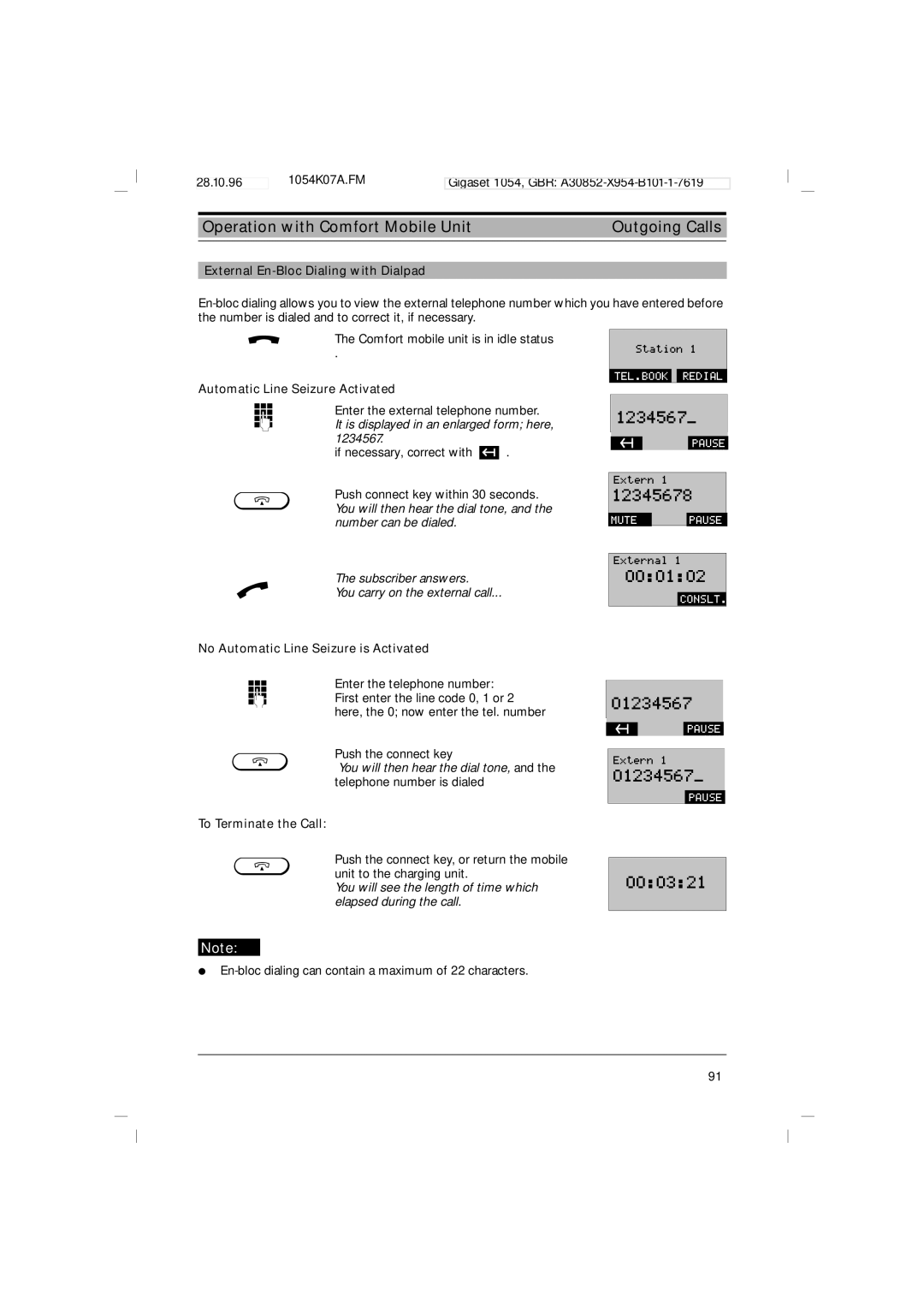 Siemens 1054 operating instructions External En-Bloc Dialing with Dialpad, Automatic Line Seizure Activated 