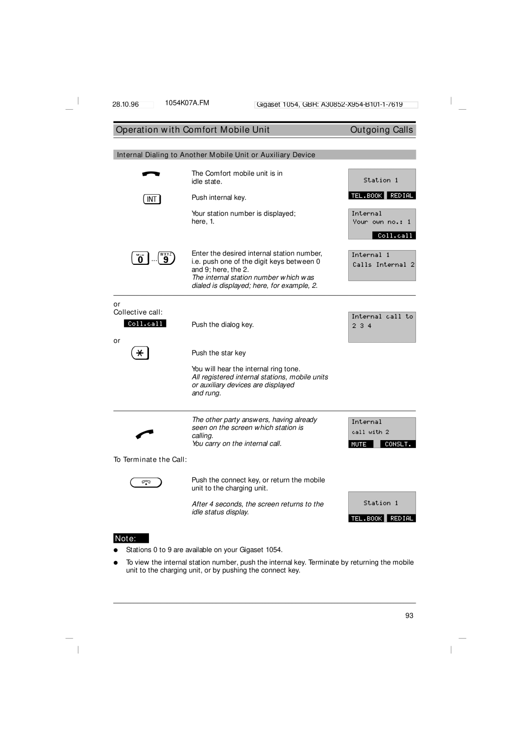 Siemens 1054 Internal Dialing to Another Mobile Unit or Auxiliary Device, @...9, Calling You carry on the internal call 