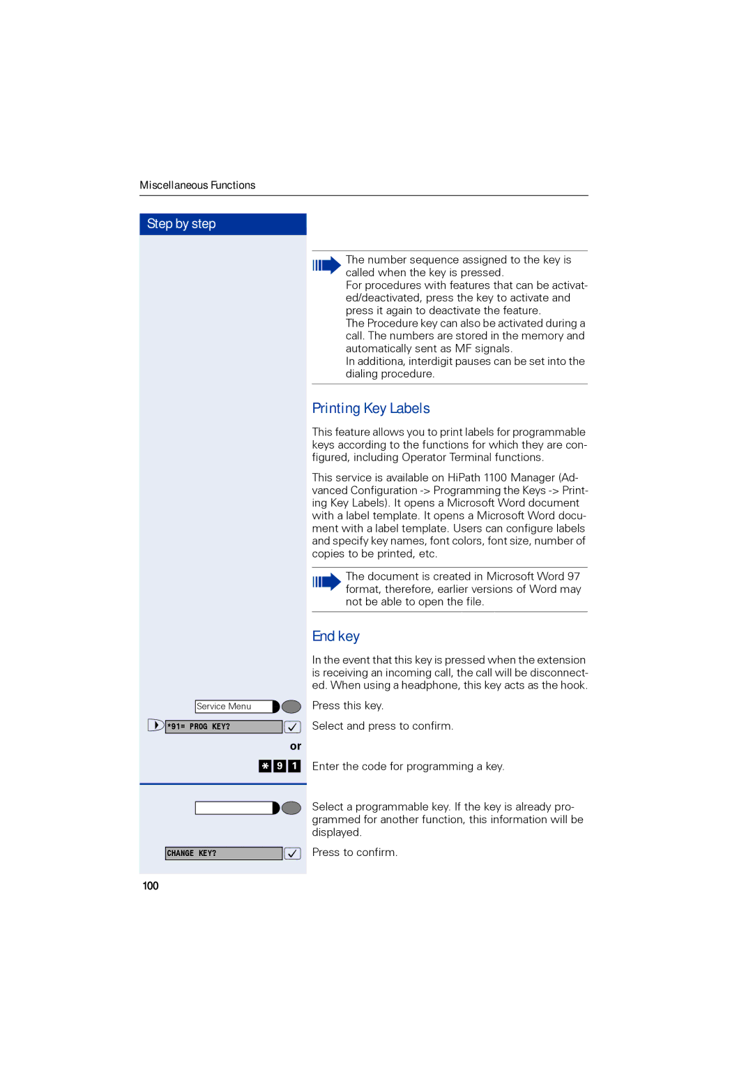Siemens 1190 user manual Printing Key Labels, End key, 100 