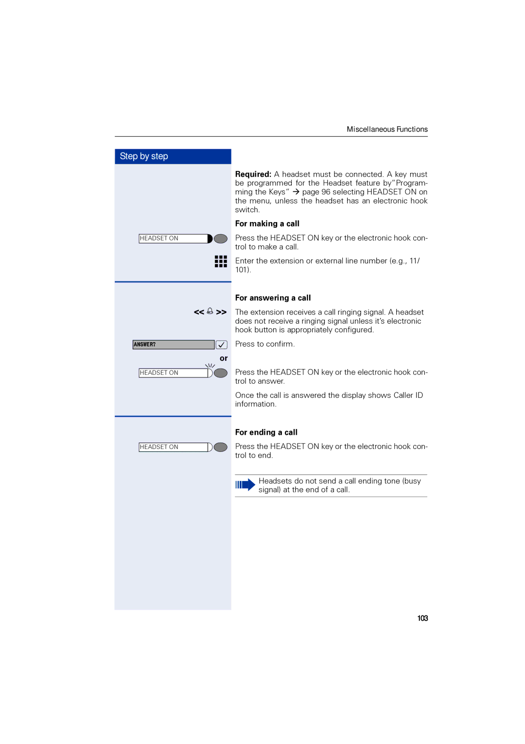 Siemens 1190 user manual For making a call, For answering a call, For ending a call, 103 