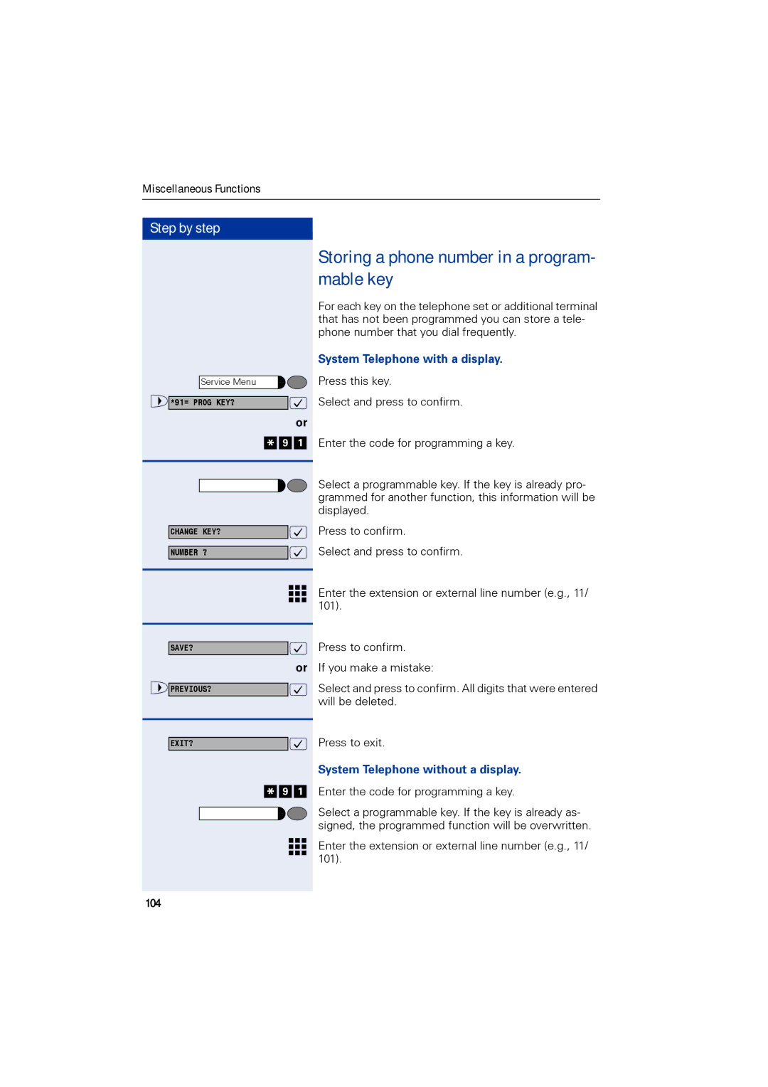 Siemens 1190 user manual Storing a phone number in a program- mable key, 104, System Telephone with a display 