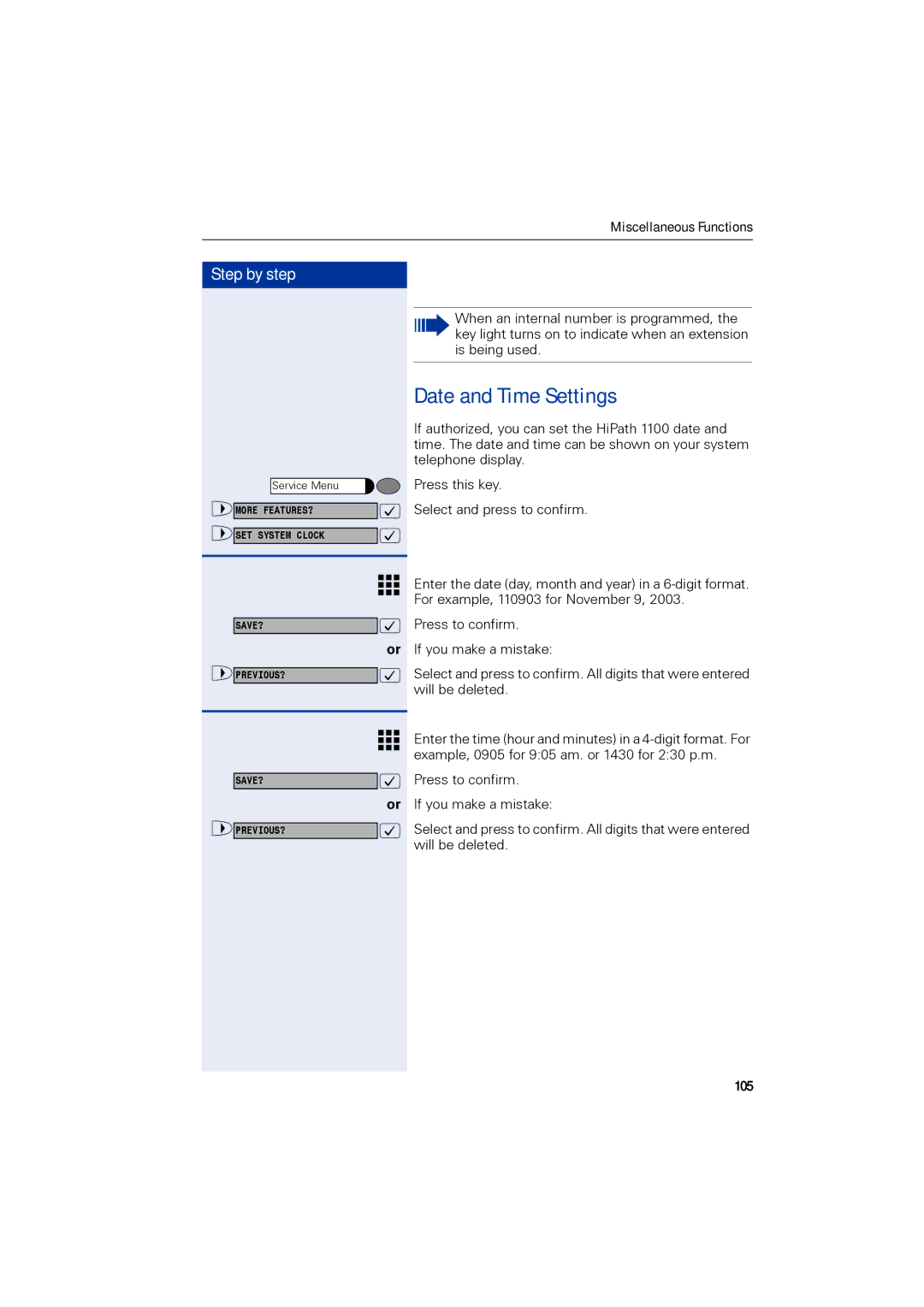 Siemens 1190 user manual Date and Time Settings, 105 