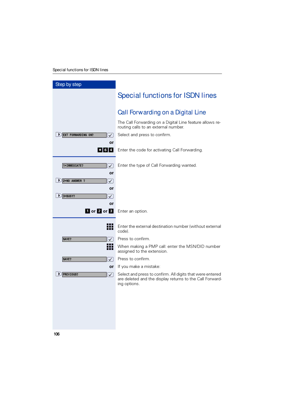 Siemens 1190 user manual Special functions for Isdn lines, Call Forwarding on a Digital Line, 106 