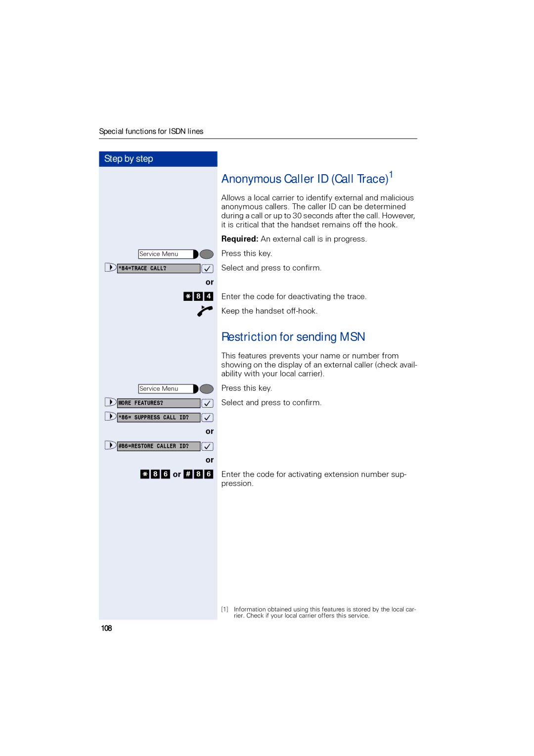 Siemens 1190 user manual Anonymous Caller ID Call Trace1, Restriction for sending MSN, 108 