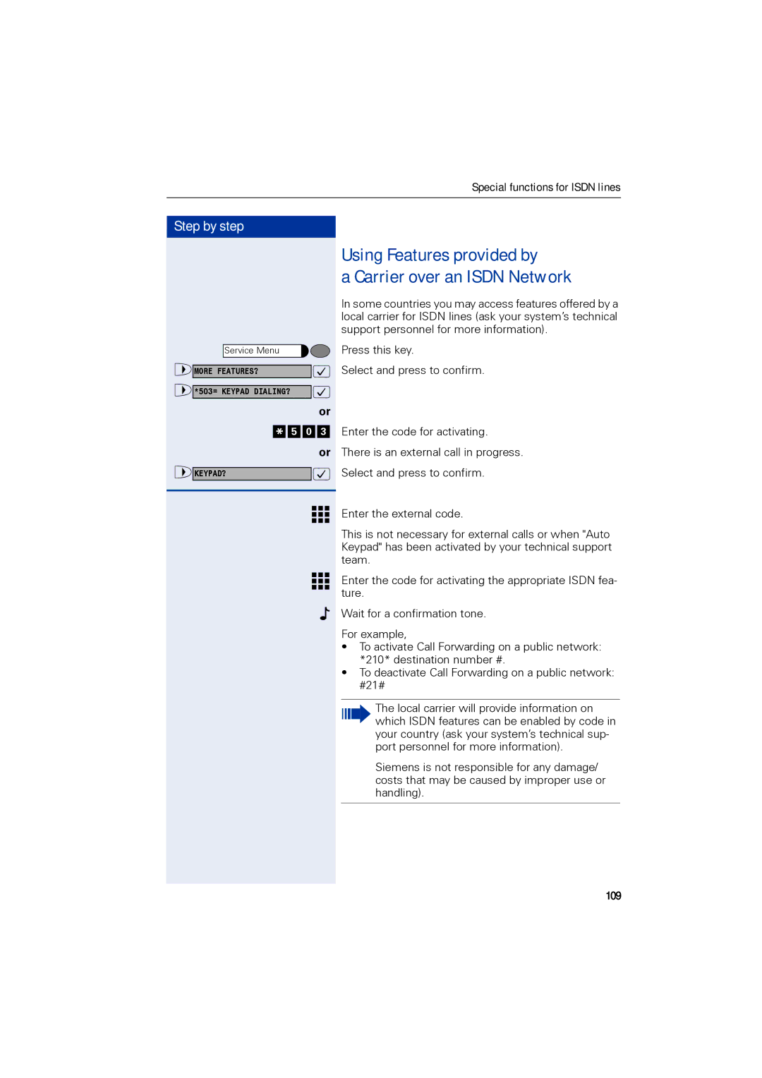 Siemens 1190 user manual Using Features provided by Carrier over an Isdn Network, 109 