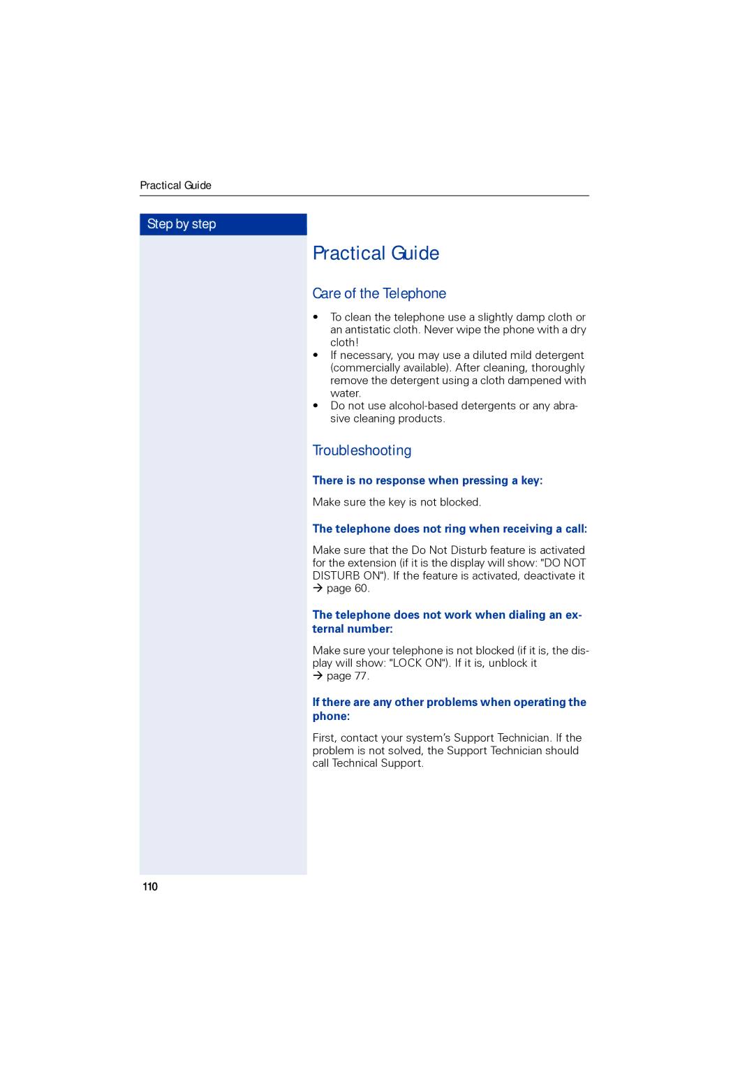 Siemens 1190 user manual Practical Guide, Care of the Telephone, Troubleshooting 