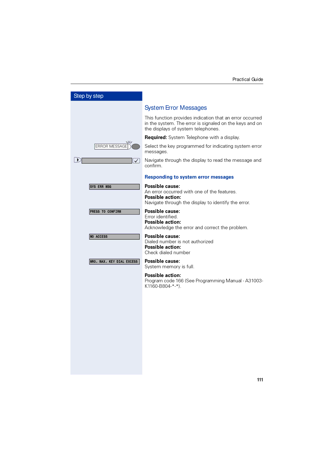 Siemens 1190 user manual System Error Messages, Responding to system error messages Possible cause, Possible action, 111 