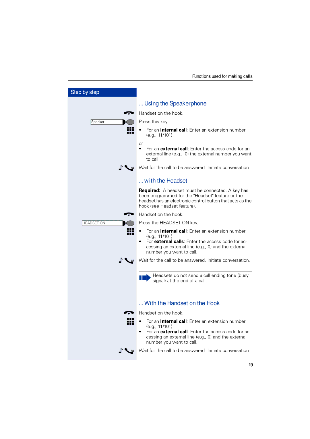 Siemens 1190 user manual Using the Speakerphone, With the Headset, With the Handset on the Hook 