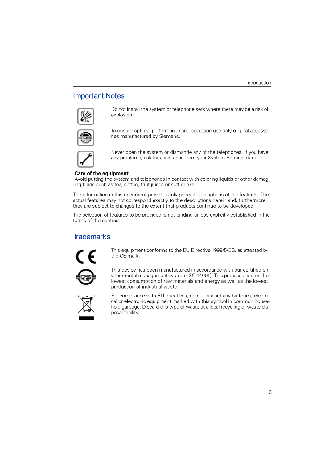 Siemens 1190 user manual Important Notes, Trademarks, Care of the equipment 