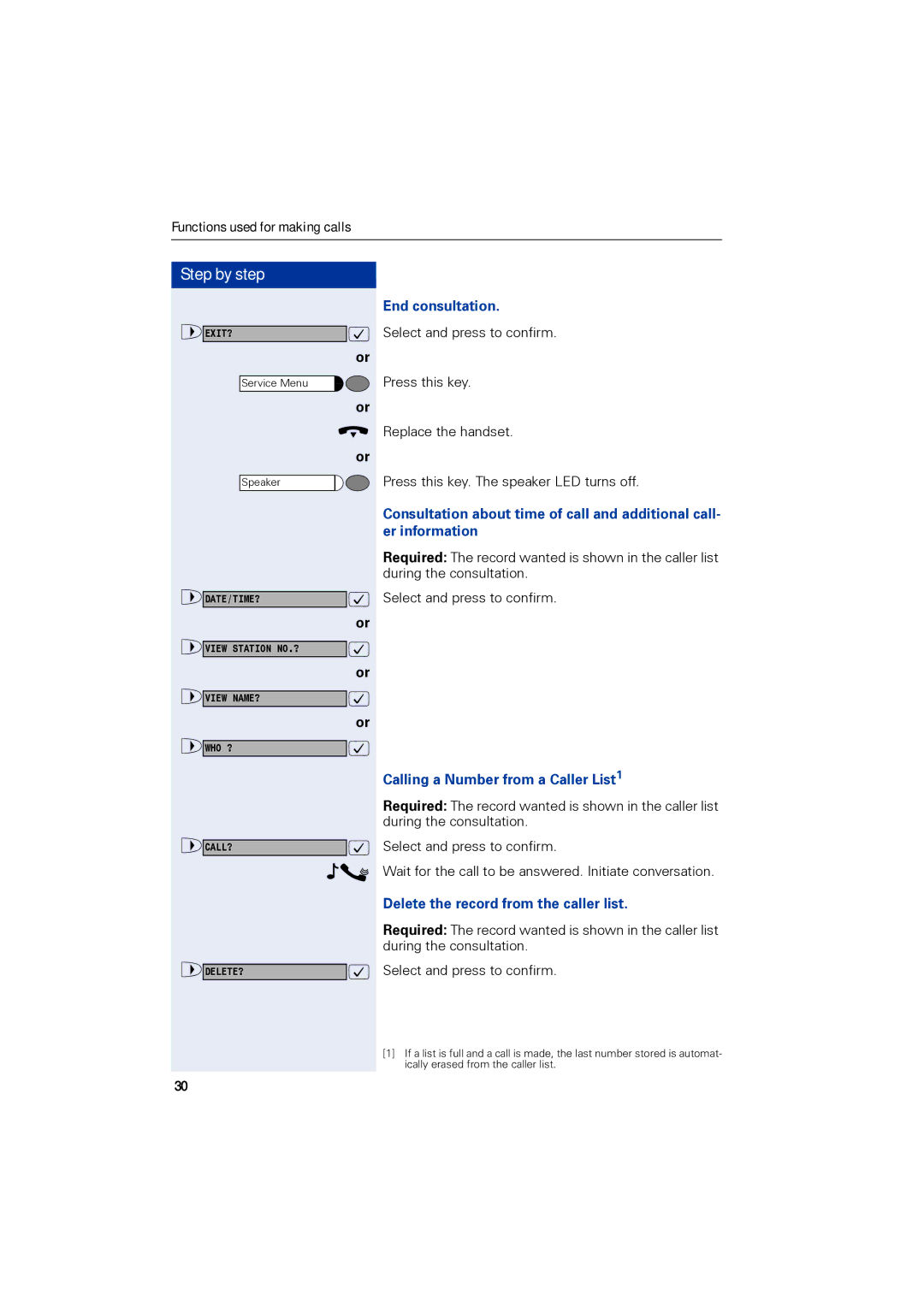 Siemens 1190 user manual End consultation, Calling a Number from a Caller List1, Delete the record from the caller list 