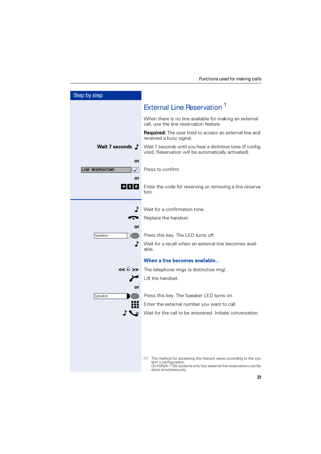 Siemens 1190 user manual External Line Reservation, Wait 7 seconds, When a line becomes available 