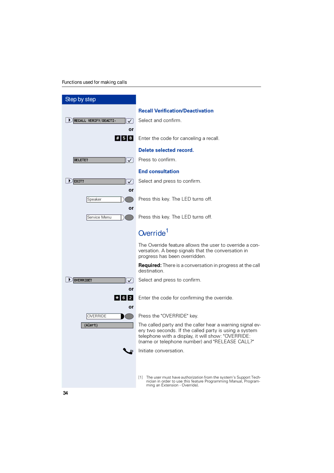 Siemens 1190 user manual Override1, Recall Verification/Deactivation, Delete selected record 