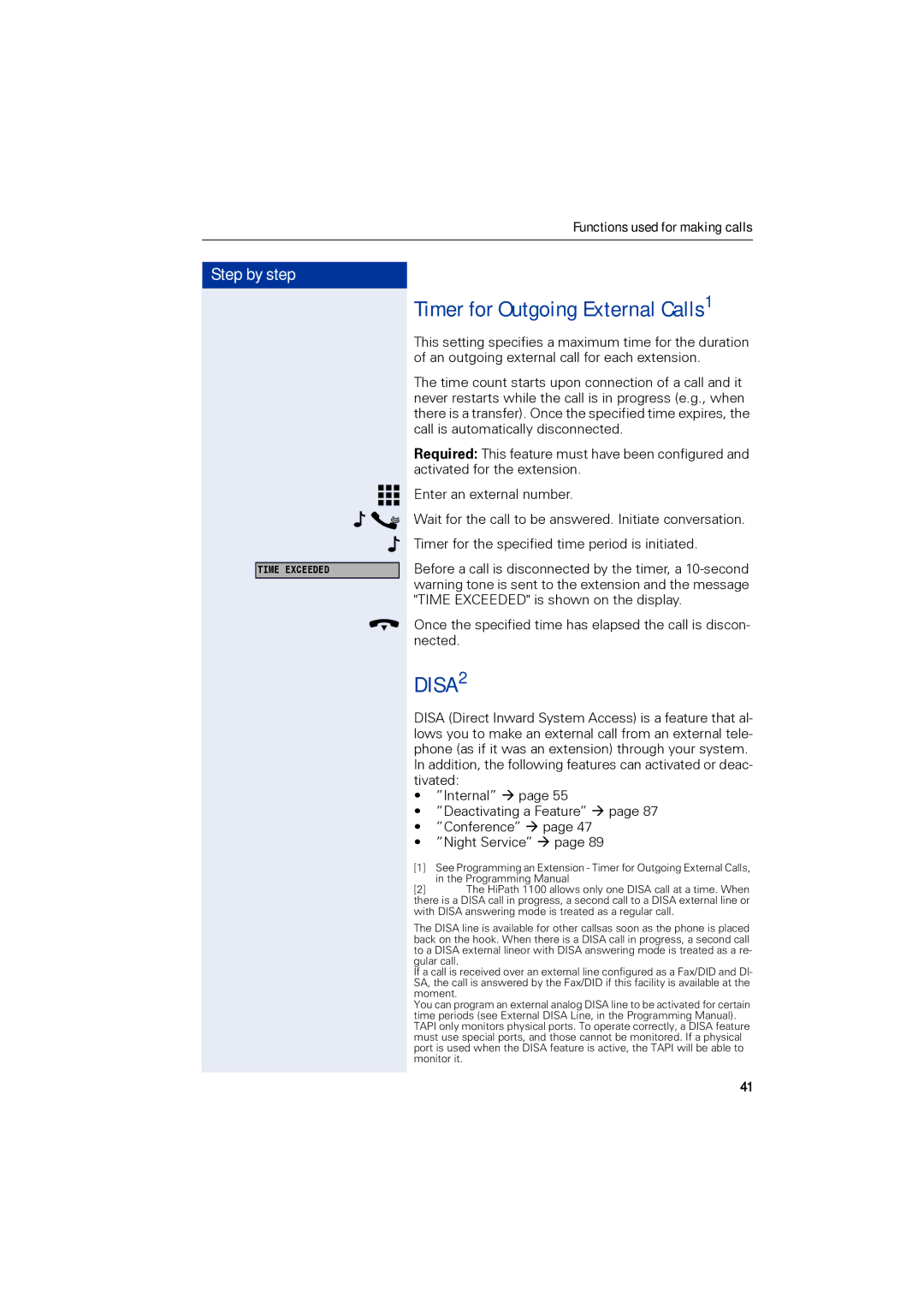 Siemens 1190 user manual Timer for Outgoing External Calls1, DISA2 