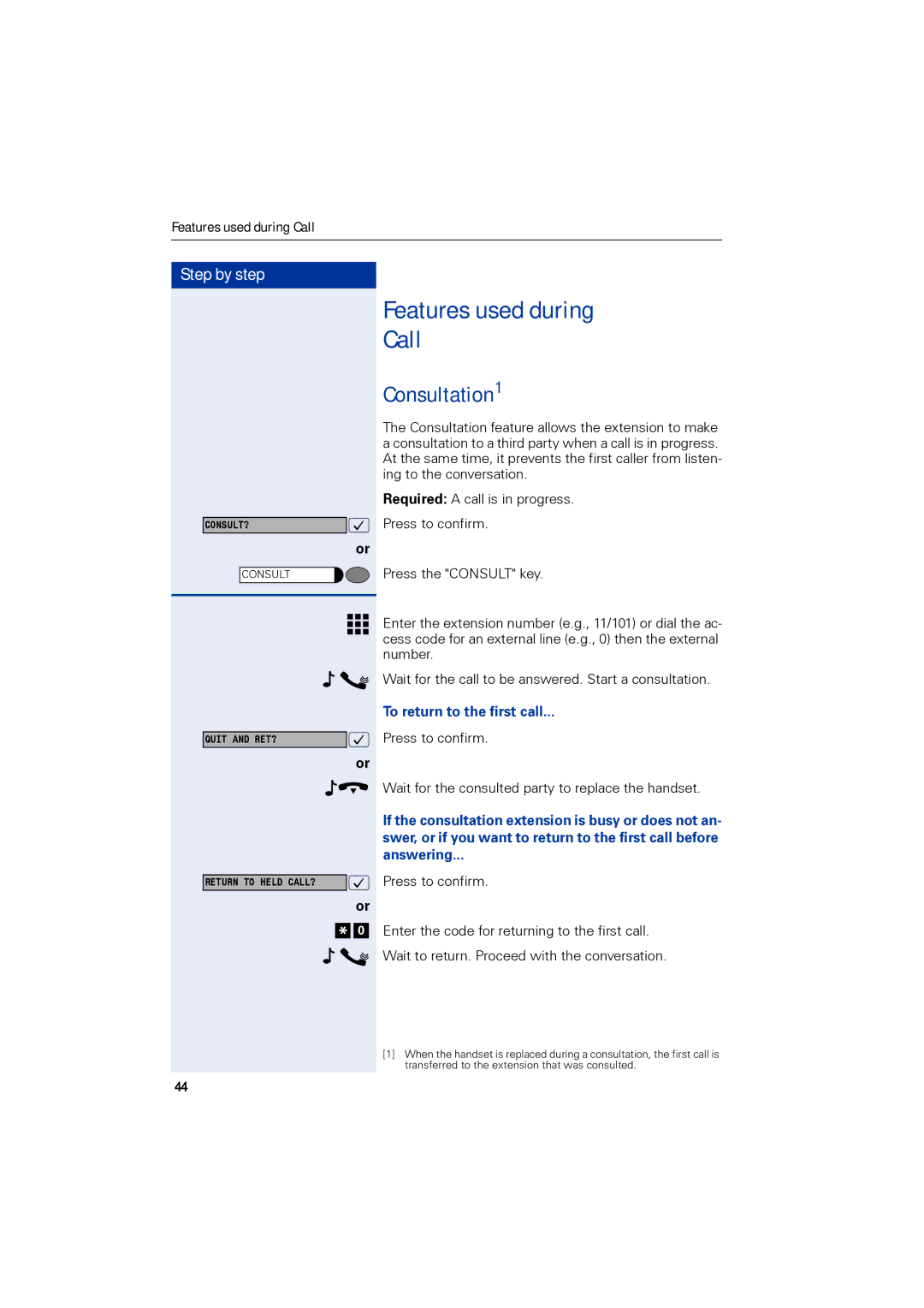 Siemens 1190 user manual Features used during Call, Consultation1, To return to the first call 