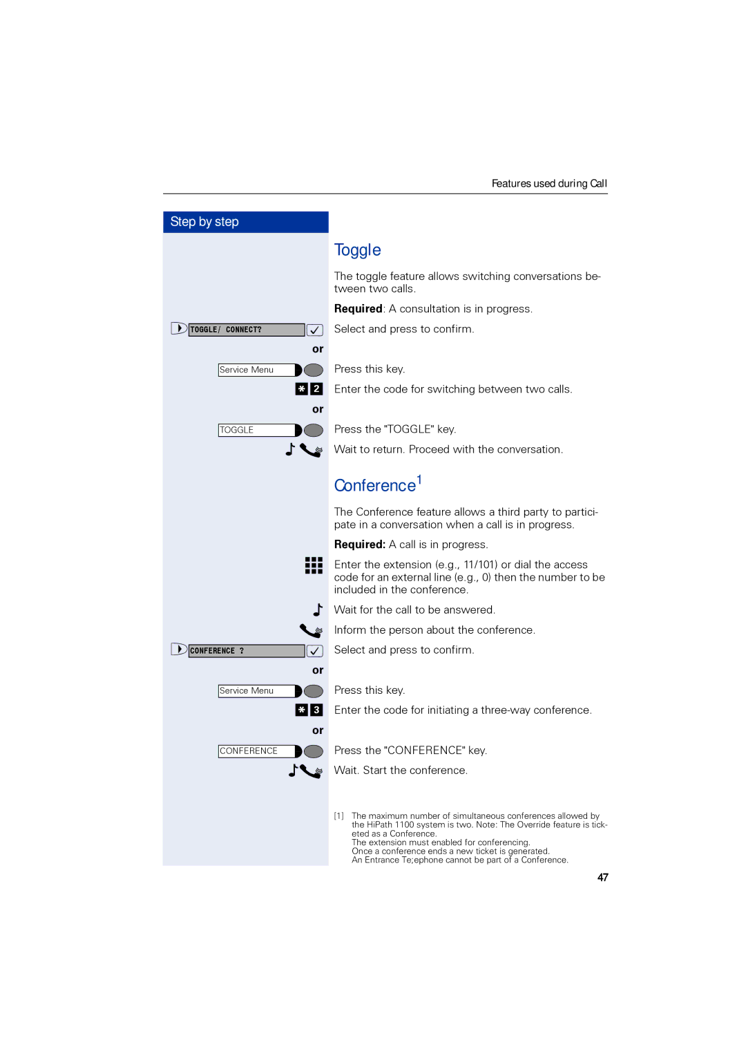 Siemens 1190 user manual Toggle, Conference1 