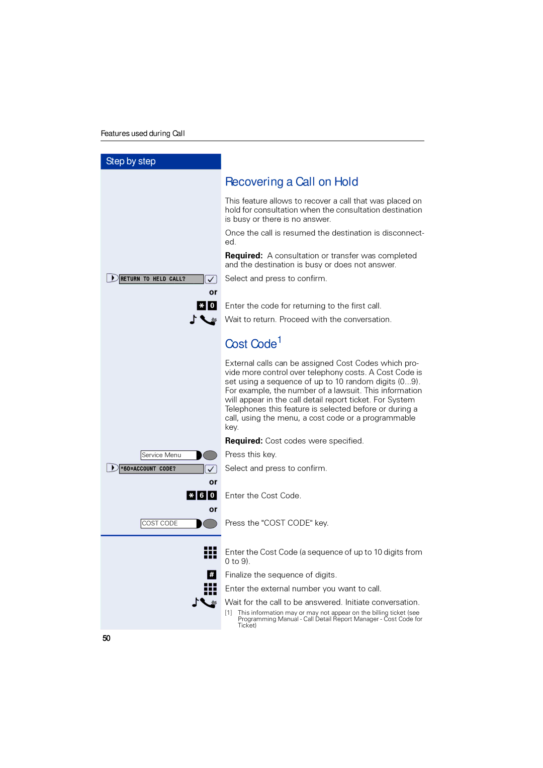 Siemens 1190 user manual Recovering a Call on Hold, Cost Code1 