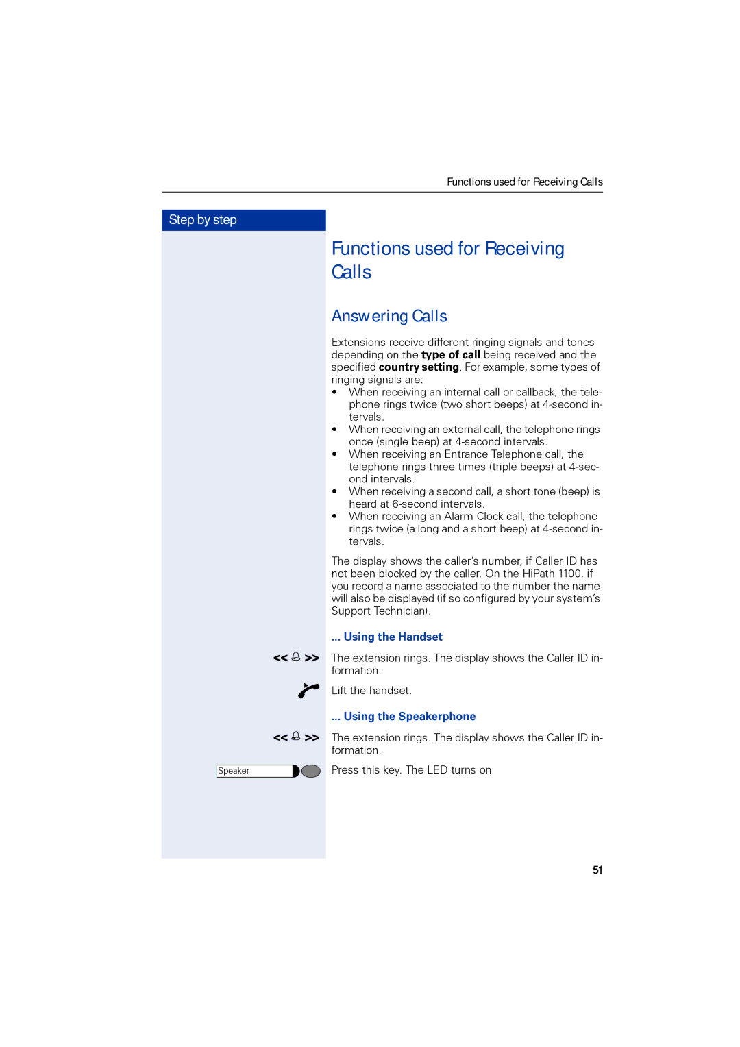 Siemens 1190 user manual Functions used for Receiving Calls, Answering Calls, Using the Handset, Using the Speakerphone 