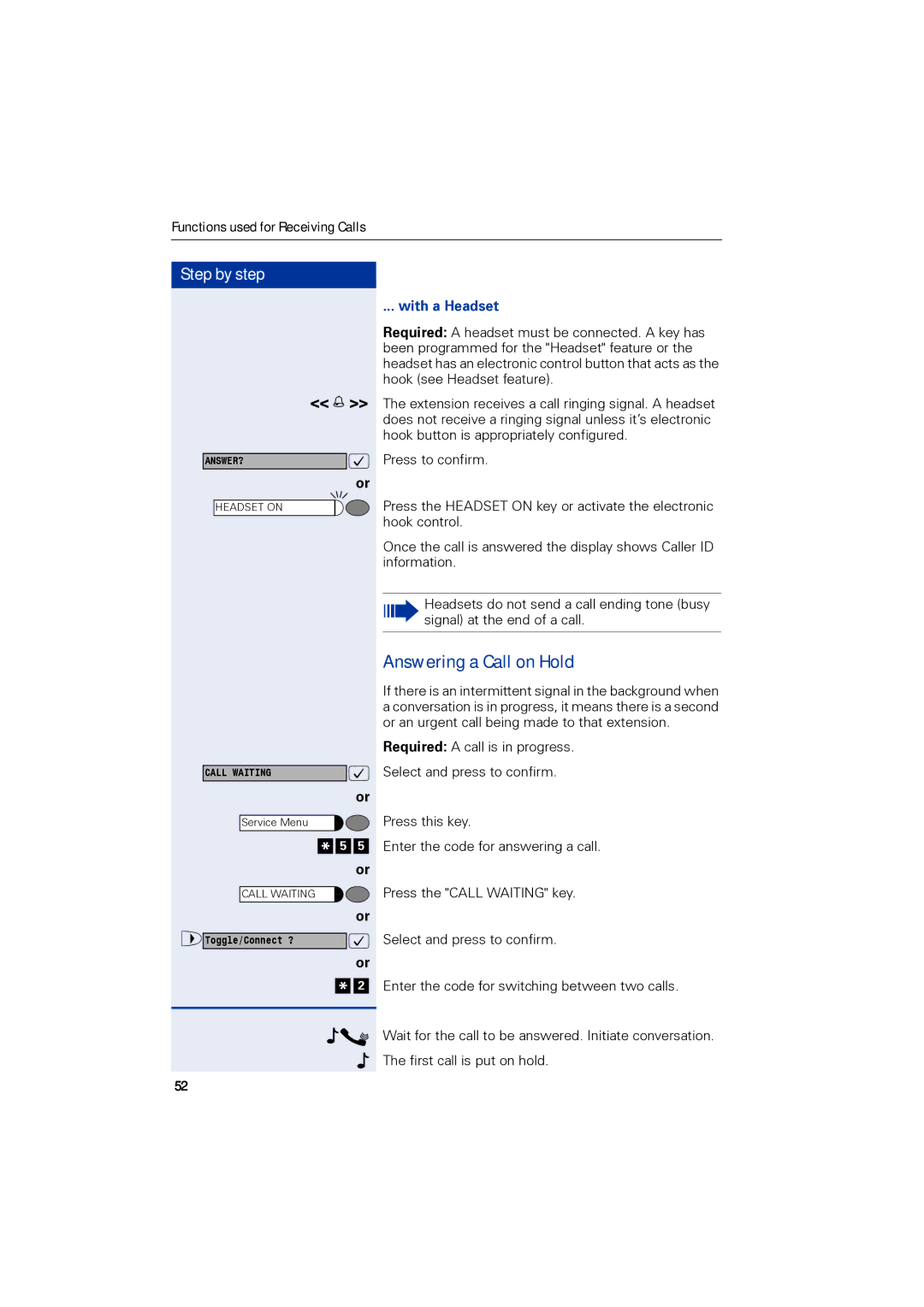 Siemens 1190 user manual Answering a Call on Hold, With a Headset 