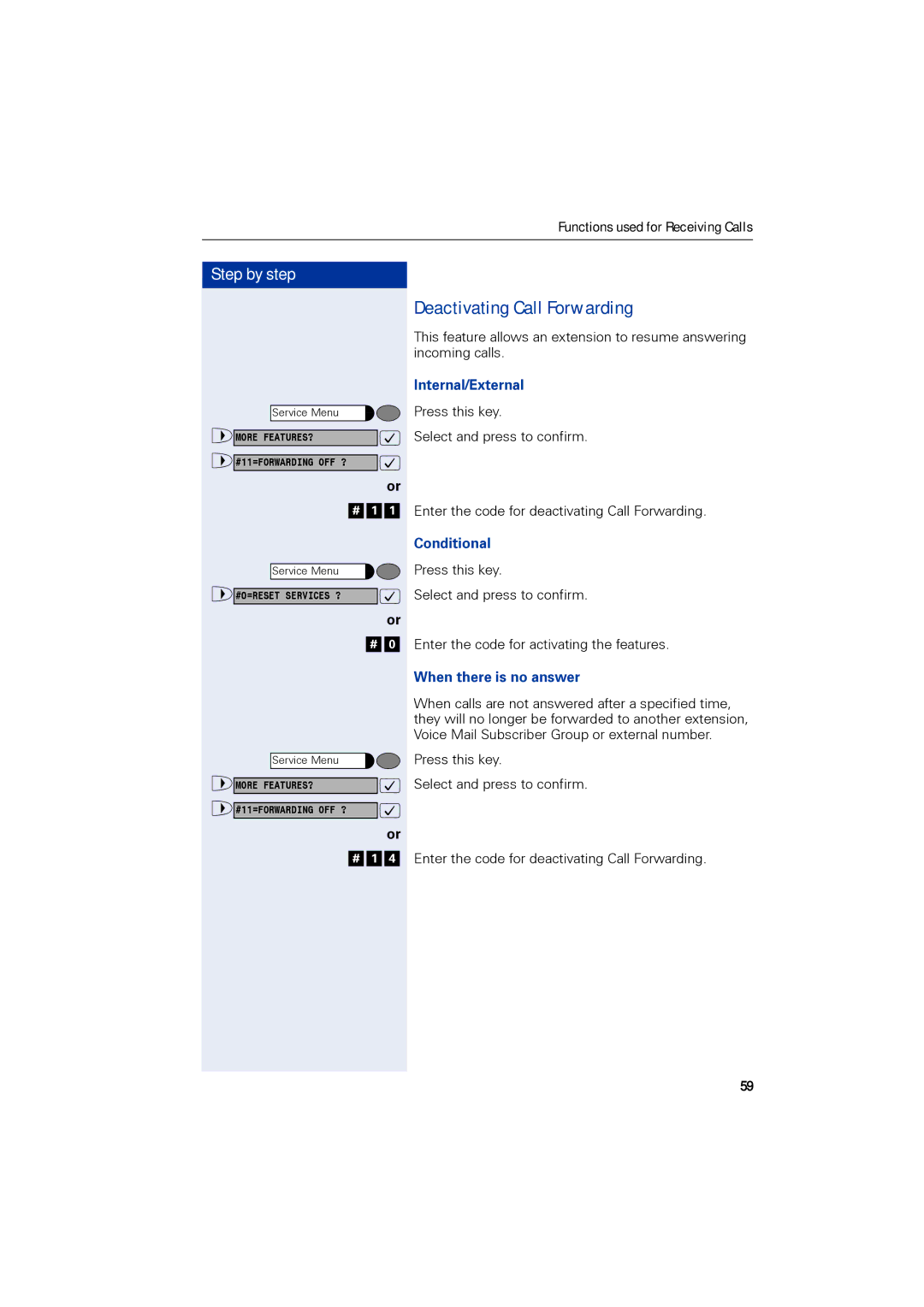 Siemens 1190 user manual Deactivating Call Forwarding, Internal/External, Conditional, When there is no answer 