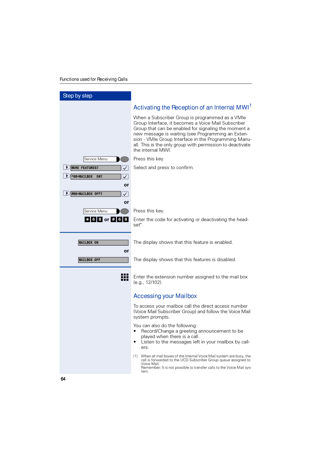 Siemens 1190 user manual Activating the Reception of an Internal MWI1, Accessing your Mailbox 