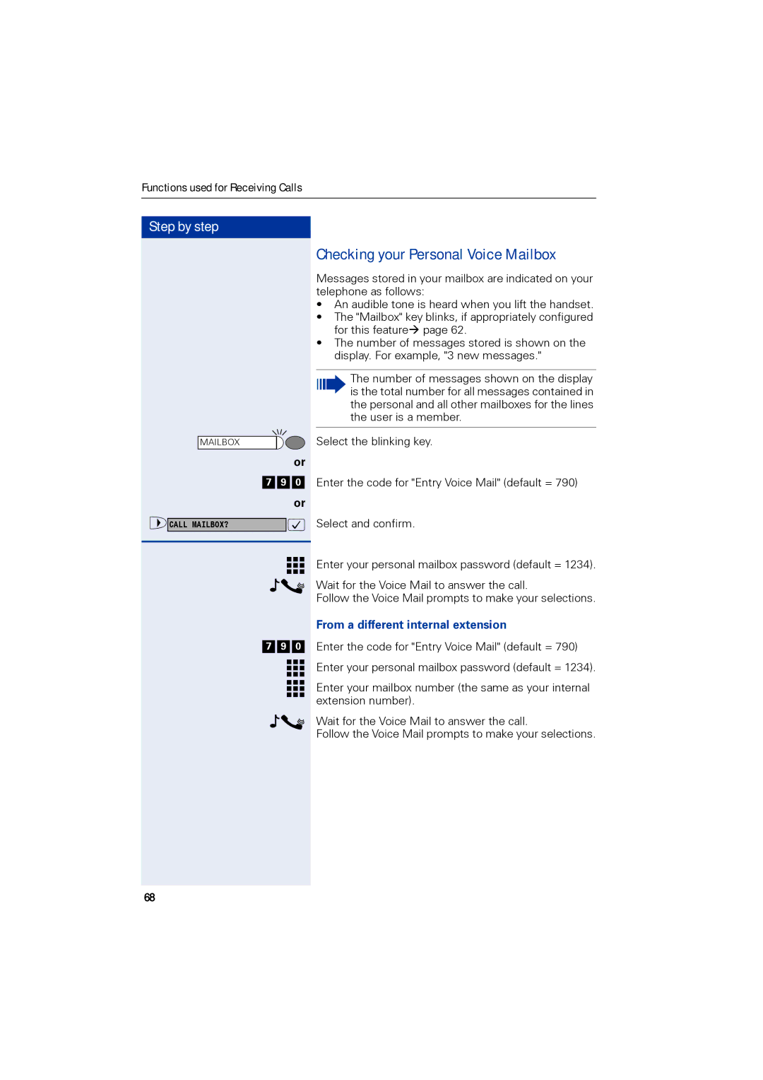 Siemens 1190 user manual Checking your Personal Voice Mailbox, From a different internal extension 