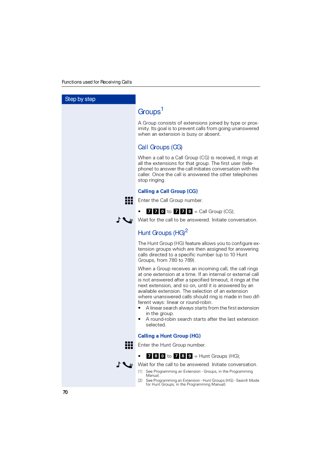 Siemens 1190 user manual Groups1, Call Groups CG, Hunt Groups HG2, Calling a Call Group CG, Calling a Hunt Group HG 