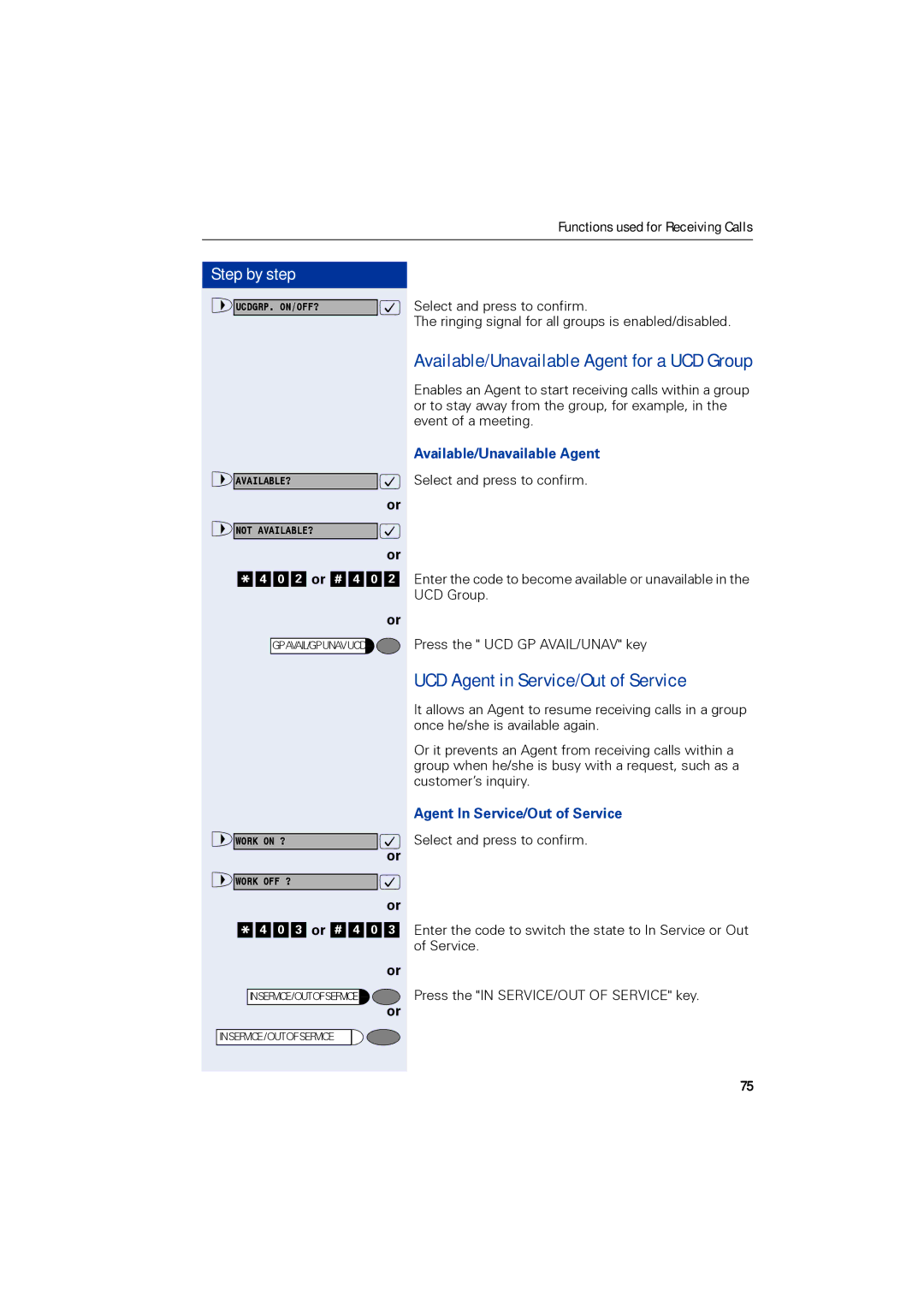 Siemens 1190 user manual UCD Agent in Service/Out of Service, Available/Unavailable Agent, Agent In Service/Out of Service 