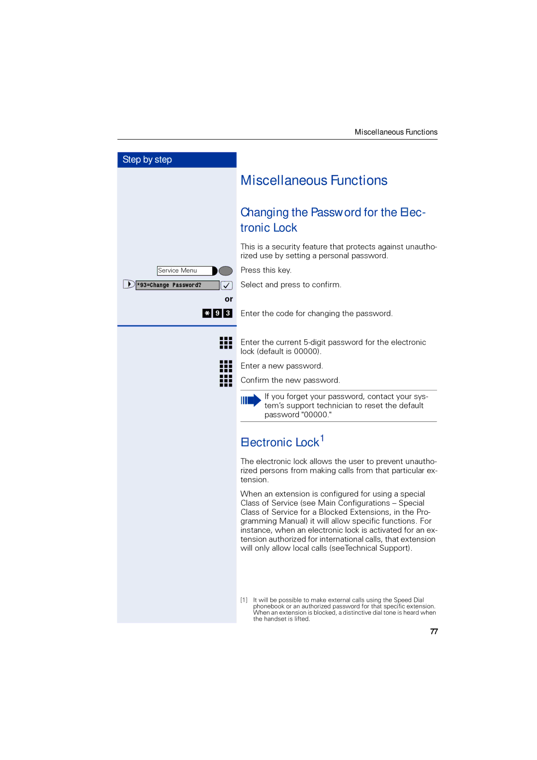 Siemens 1190 user manual Miscellaneous Functions, Changing the Password for the Elec- tronic Lock, Electronic Lock1 
