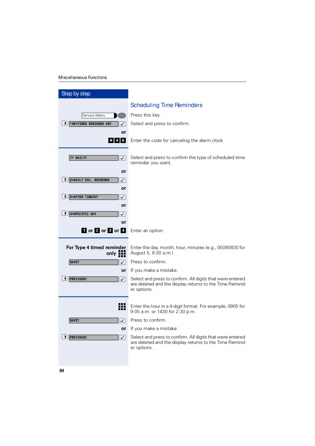 Siemens 1190 user manual Scheduling Time Reminders, For Type 4 timed reminder only 